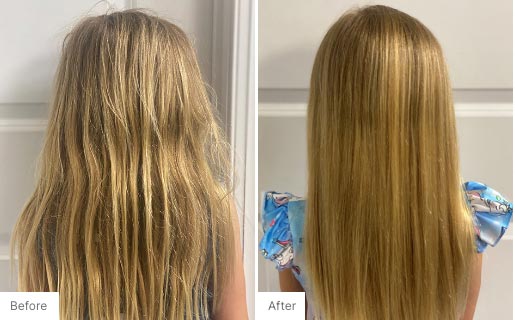 1 - Before and After Real Results picture of a woman's hair.